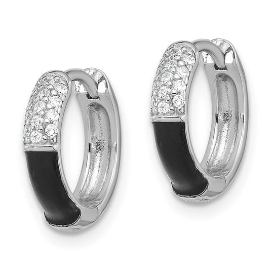 QE17202 Sterling Silver Flash Platinum-plated CZ Black Enamel Hoop Earrings