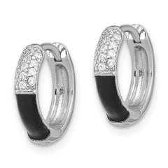 QE17202 Sterling Silver Flash Platinum-plated CZ Black Enamel Hoop Earrings
