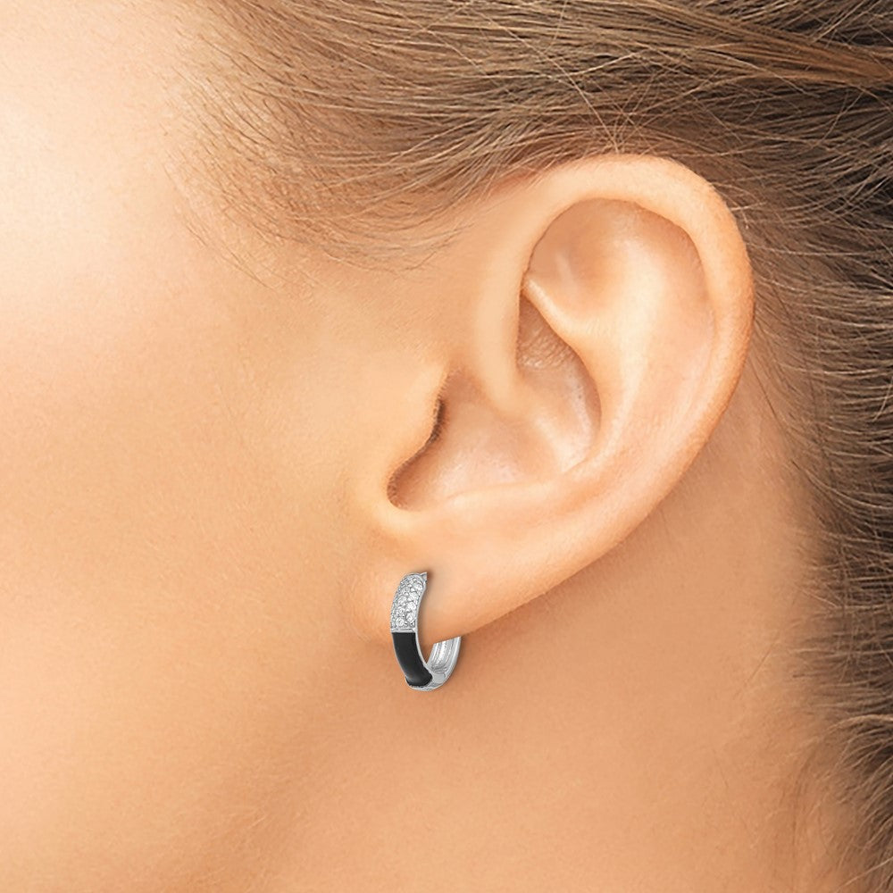 QE17202 Sterling Silver Flash Platinum-plated CZ Black Enamel Hoop Earrings