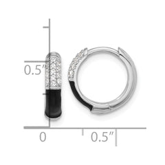 QE17202 Sterling Silver Flash Platinum-plated CZ Black Enamel Hoop Earrings