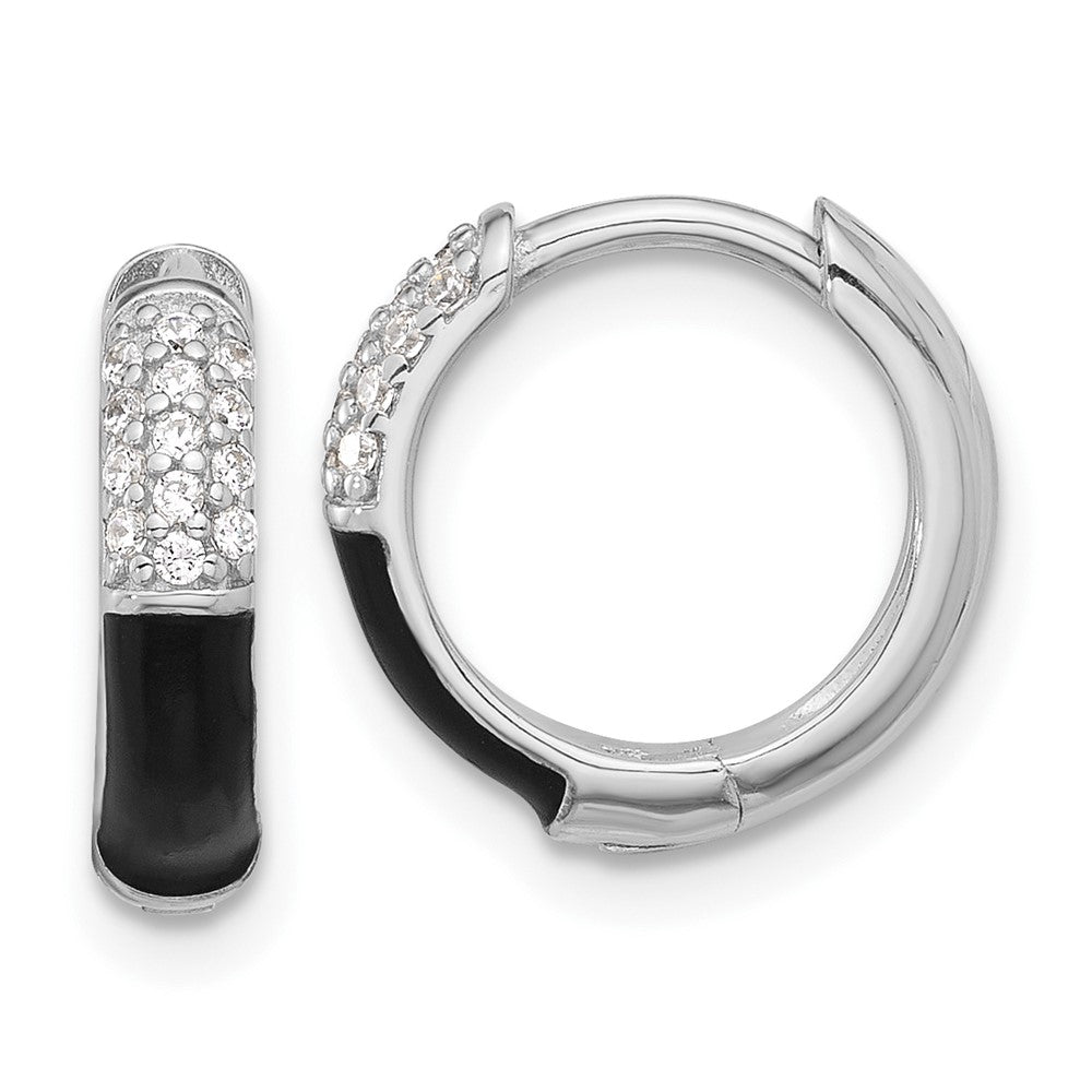 QE17202 Sterling Silver Flash Platinum-plated CZ Black Enamel Hoop Earrings