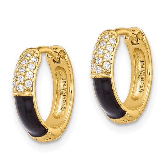 QE17202GP Sterling Silver Gold-tone Black Enamel CZ Hoop Earrings