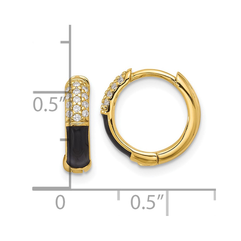 QE17202GP Sterling Silver Gold-tone Black Enamel CZ Hoop Earrings