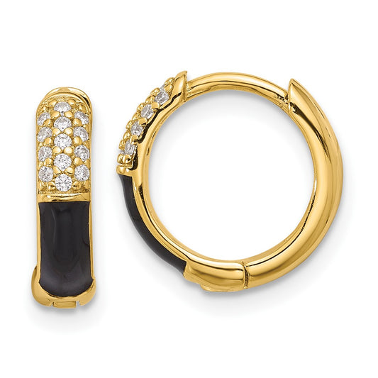 QE17202GP Sterling Silver Gold-tone Black Enamel CZ Hoop Earrings