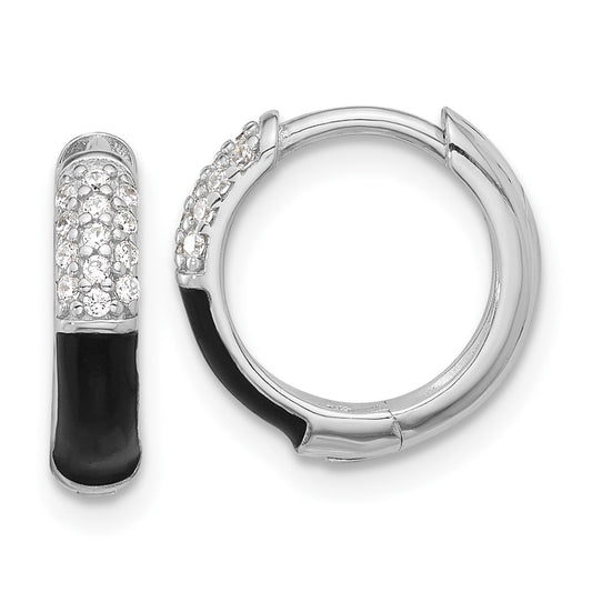 QE17202 Sterling Silver Flash Platinum-plated CZ Black Enamel Hoop Earrings