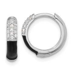 QE17202 Sterling Silver Flash Platinum-plated CZ Black Enamel Hoop Earrings