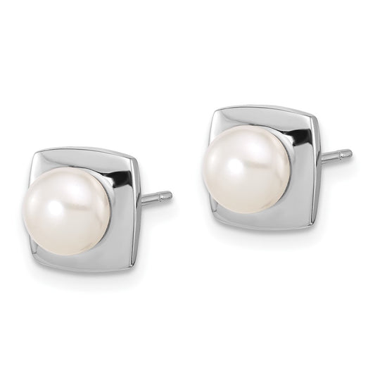 QE17211 Sterling Silver Rhodium-plated 6-7mm White Button Freshwater Cultured Pearl Square Post Earrings