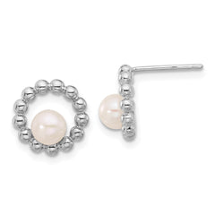QE17212 Sterling Silver Rhodium-plated 5-6mm White Button Freshwater Cultured Pearl Circle Post Earrings