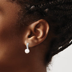 QE17217 Sterling Silver Rhodium-plated 8-8.5mm White Button Freshwater Cultured Pearl and CZ Post Dangle Earrings