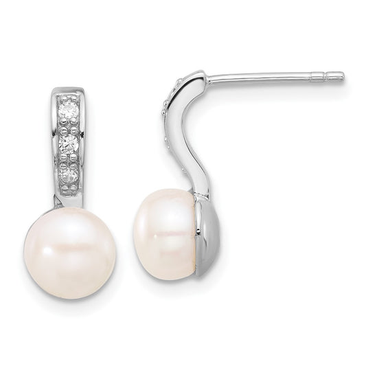 QE17217 Sterling Silver Rhodium-plated 8-8.5mm White Button Freshwater Cultured Pearl and CZ Post Dangle Earrings