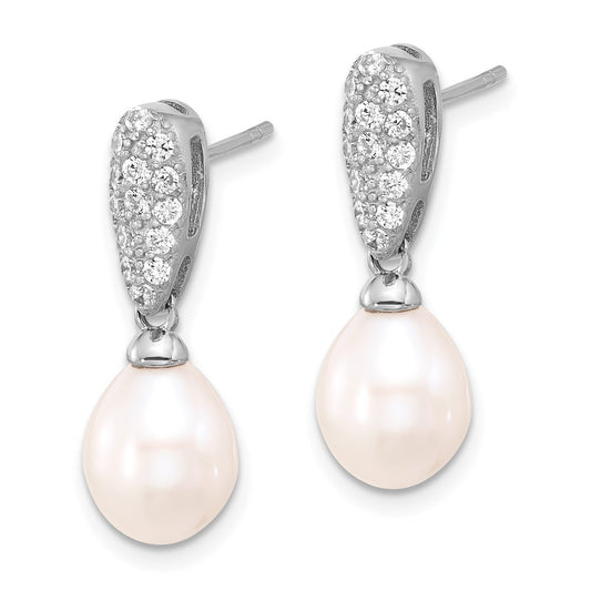 QE17218 Sterling Silver Rhodium-plated 8-9mm White Teardrop Freshwater Cultured Pearl and CZ Post Dangle Earrings