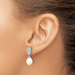 QE17218 Sterling Silver Rhodium-plated 8-9mm White Teardrop Freshwater Cultured Pearl and CZ Post Dangle Earrings