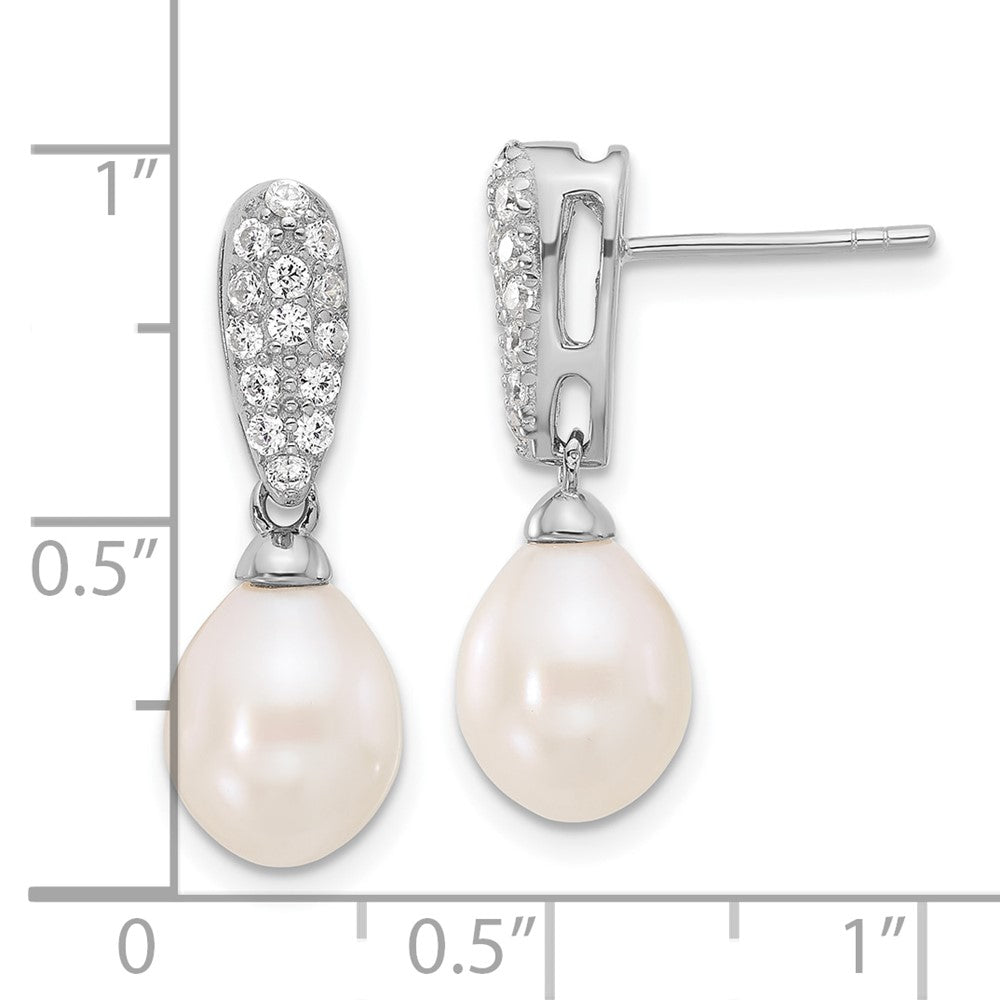 QE17218 Sterling Silver Rhodium-plated 8-9mm White Teardrop Freshwater Cultured Pearl and CZ Post Dangle Earrings