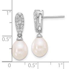 QE17218 Sterling Silver Rhodium-plated 8-9mm White Teardrop Freshwater Cultured Pearl and CZ Post Dangle Earrings