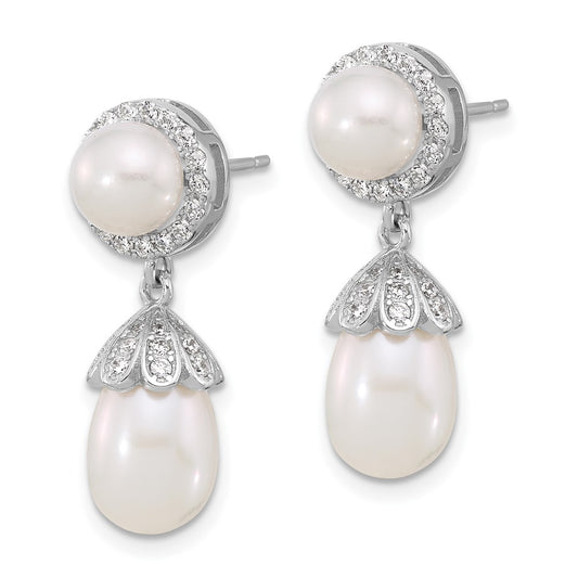 QE17221 Sterling Silver Rhodium-plated 6-8mm White Rice and Button Freshwater Cultured Pearl and CZ Post Dangle Earrings