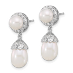 QE17221 Sterling Silver Rhodium-plated 6-8mm White Rice and Button Freshwater Cultured Pearl and CZ Post Dangle Earrings