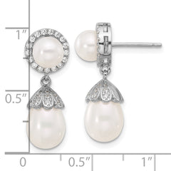 QE17221 Sterling Silver Rhodium-plated 6-8mm White Rice and Button Freshwater Cultured Pearl and CZ Post Dangle Earrings