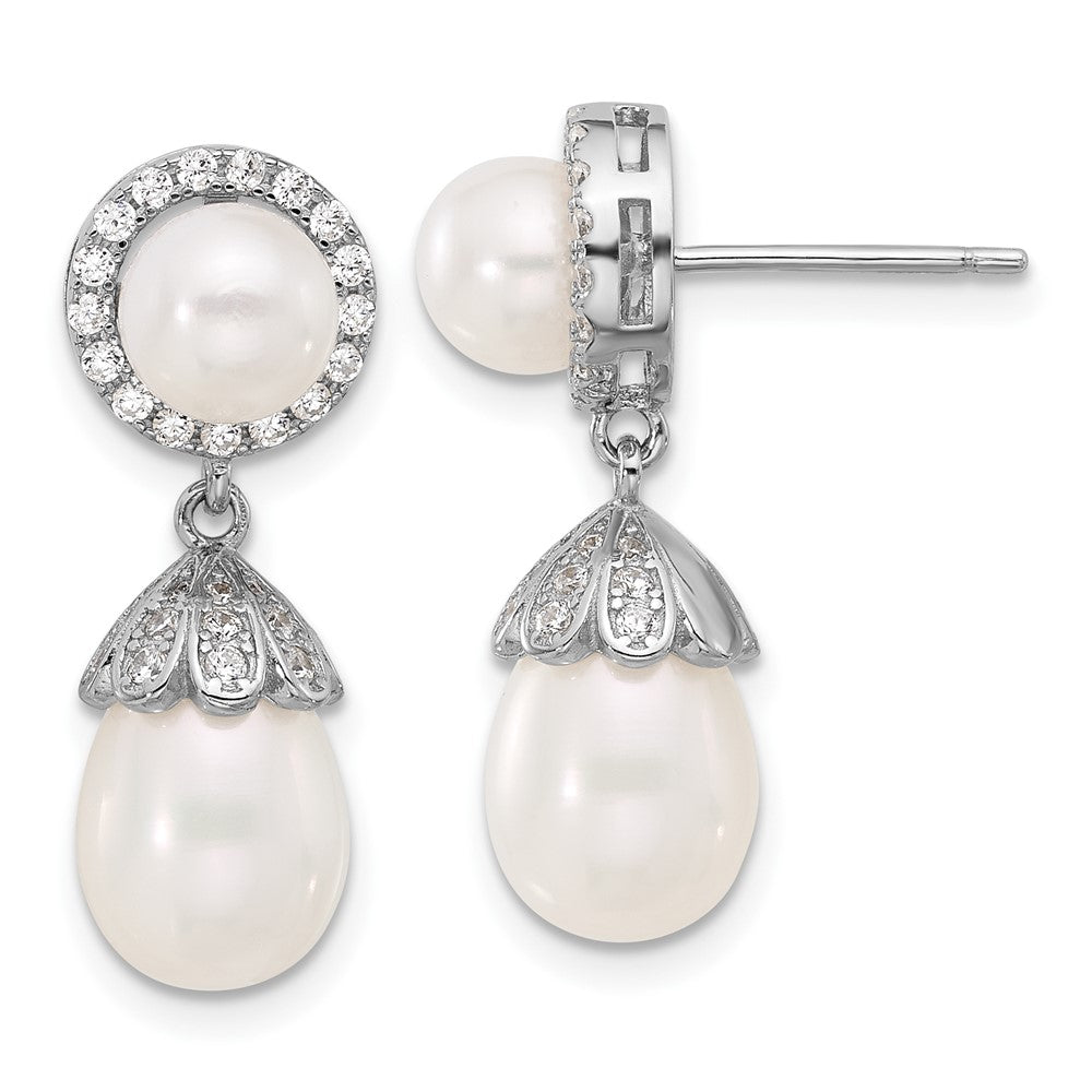 QE17221 Sterling Silver Rhodium-plated 6-8mm White Rice and Button Freshwater Cultured Pearl and CZ Post Dangle Earrings