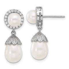 QE17221 Sterling Silver Rhodium-plated 6-8mm White Rice and Button Freshwater Cultured Pearl and CZ Post Dangle Earrings