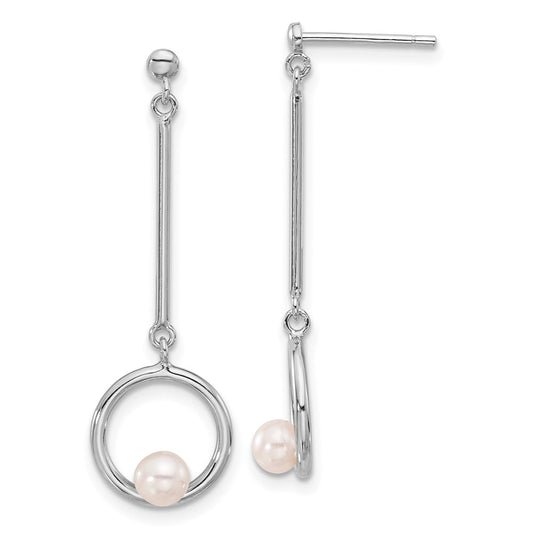 QE17223 Sterling Silver Rhodium-plated 4-4.5mm White Semi-Round Freshwater Cultured Pearl Post Dangle Earrings