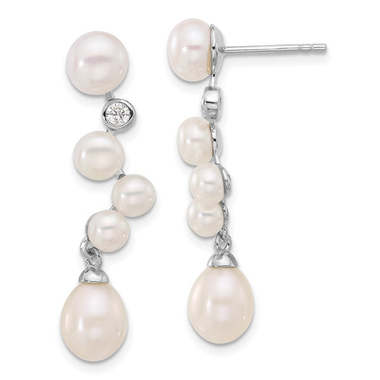 QE17226 Sterling Silver Rhodium-plated 7-8/4-7mm White Rice and Button Freshwater Cultured Pearl and CZ Post Dangle Earrings