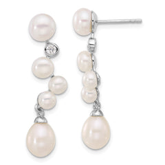 QE17226 Sterling Silver Rhodium-plated 7-8/4-7mm White Rice and Button Freshwater Cultured Pearl and CZ Post Dangle Earrings