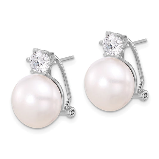 QE17230 Sterling Silver Rhodium-plated 12-13mm White Freshwater Cultured Pearl and CZ Omega Back Earrings