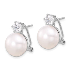 QE17230 Sterling Silver Rhodium-plated 12-13mm White Freshwater Cultured Pearl and CZ Omega Back Earrings