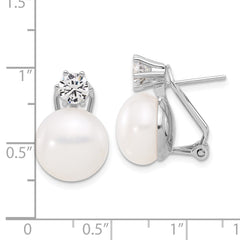 QE17230 Sterling Silver Rhodium-plated 12-13mm White Freshwater Cultured Pearl and CZ Omega Back Earrings