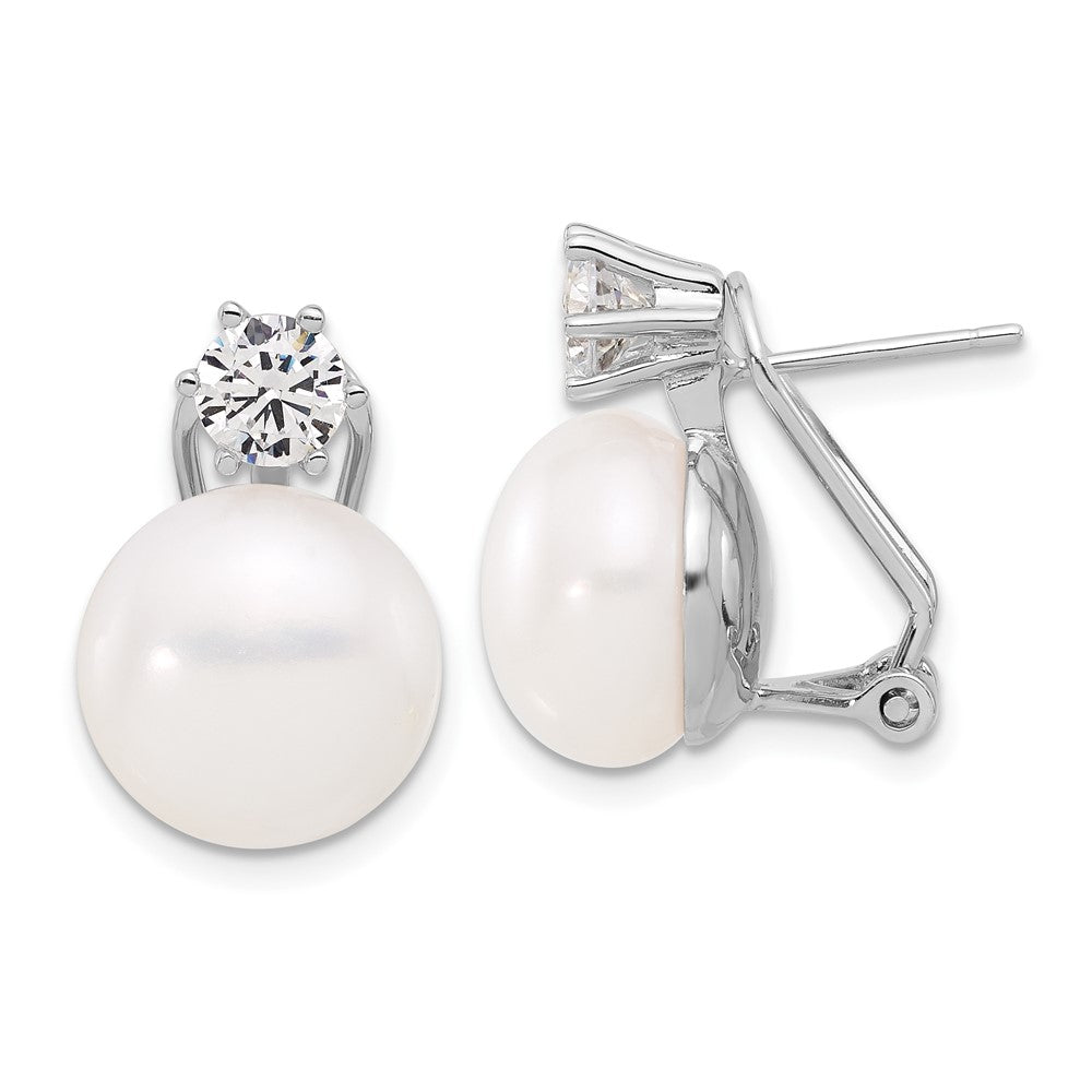 QE17230 Sterling Silver Rhodium-plated 12-13mm White Freshwater Cultured Pearl and CZ Omega Back Earrings