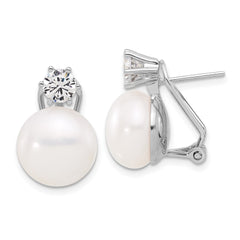QE17230 Sterling Silver Rhodium-plated 12-13mm White Freshwater Cultured Pearl and CZ Omega Back Earrings