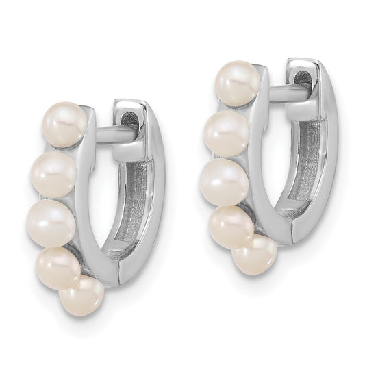 QE17232 Sterling Silver Rhodium-plated 2.5-3mm White Button Freshwater Cultured Pearl Hinged Hoop Earrings