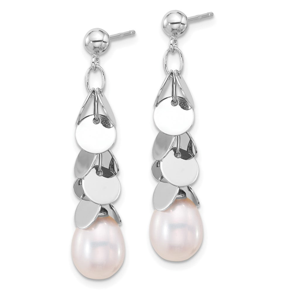 QE17234 Sterling Silver Rhodium-plated 7-8mm White Teardrop Freshwater Cultured Pearl Post Dangle Earrings