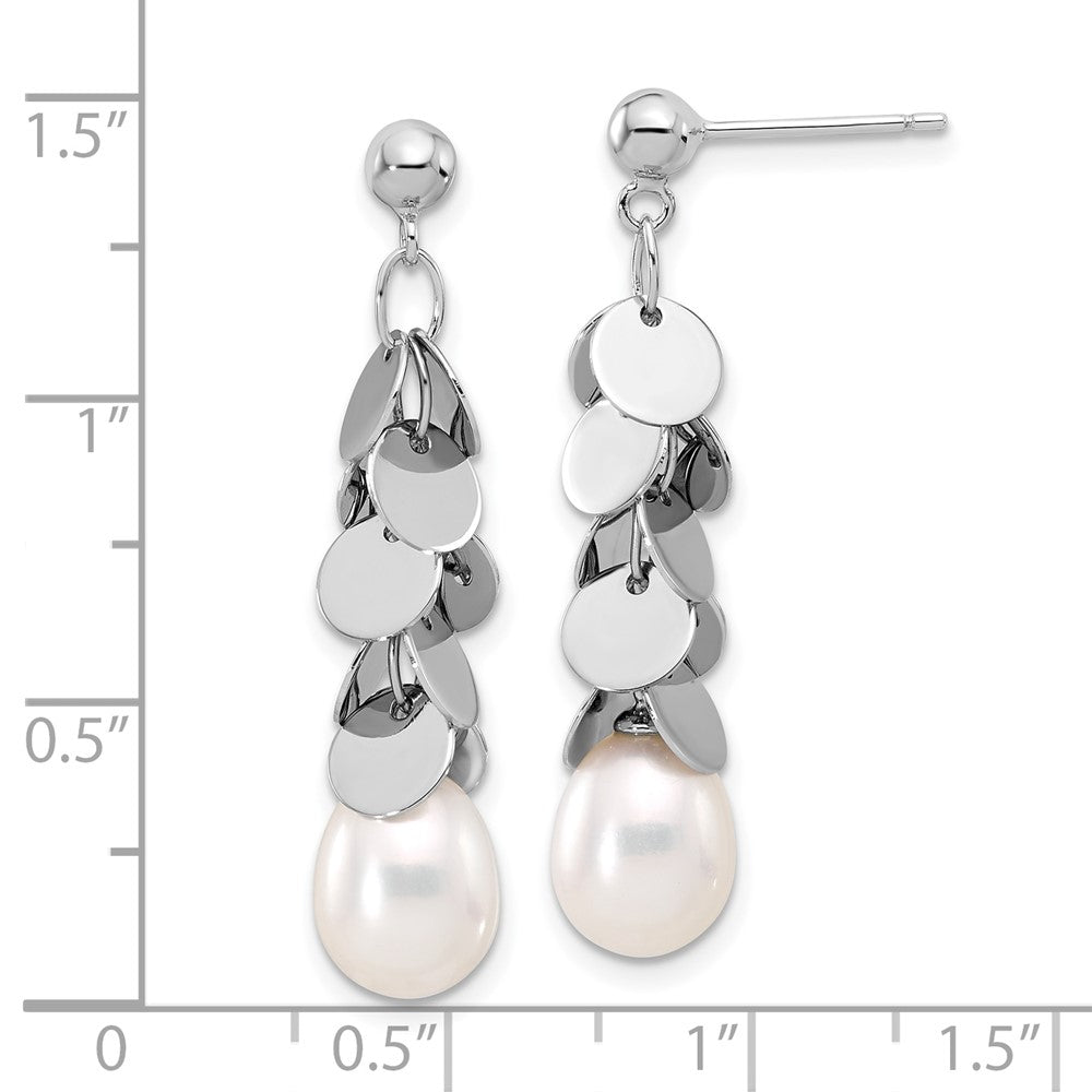 QE17234 Sterling Silver Rhodium-plated 7-8mm White Teardrop Freshwater Cultured Pearl Post Dangle Earrings