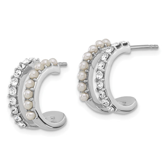 QE17236 Sterling Silver RH-plated FWC Pearl and Crystal Double Post Hoop Earrings