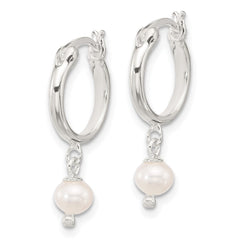 QE17237 Sterling Silver Polished FWC Pearl Dangle Round Hoop Earrings