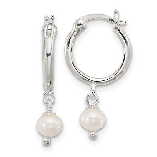 QE17237 Sterling Silver Polished FWC Pearl Dangle Round Hoop Earrings