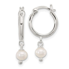 QE17237 Sterling Silver Polished FWC Pearl Dangle Round Hoop Earrings