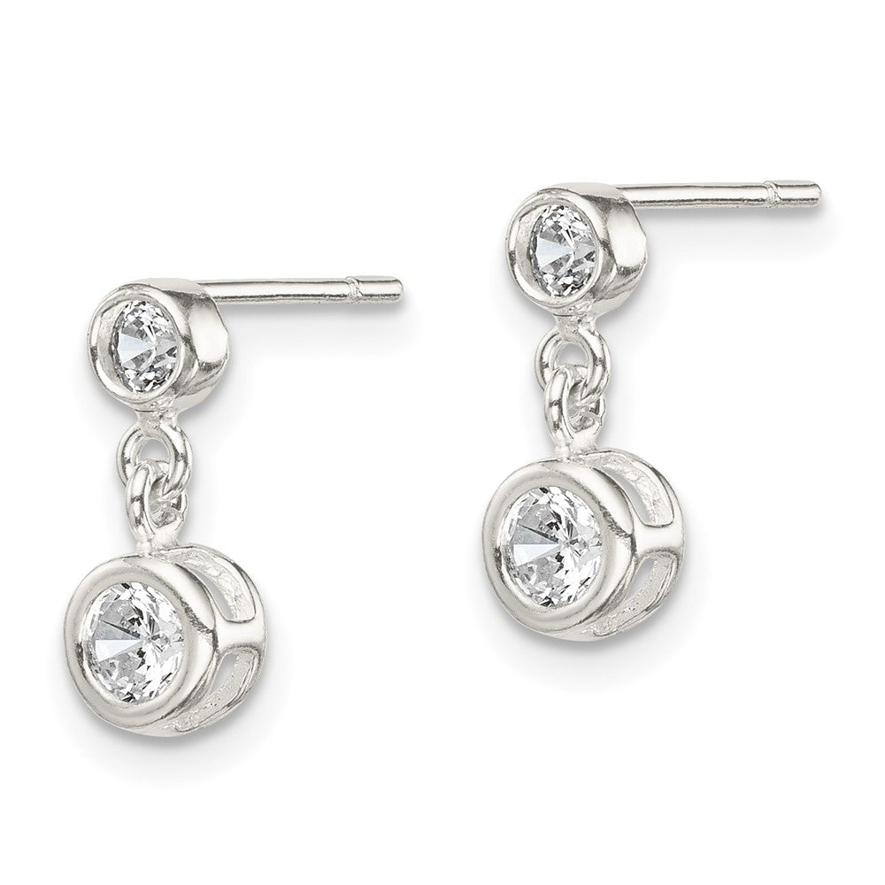 QE1724 Sterling Silver Polished Round CZ Bezel Set Post Dangle Earrings