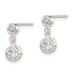 QE1724 Sterling Silver Polished Round CZ Bezel Set Post Dangle Earrings