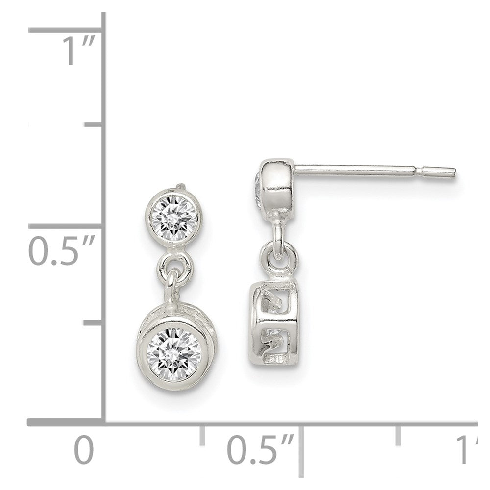 QE1724 Sterling Silver Polished Round CZ Bezel Set Post Dangle Earrings