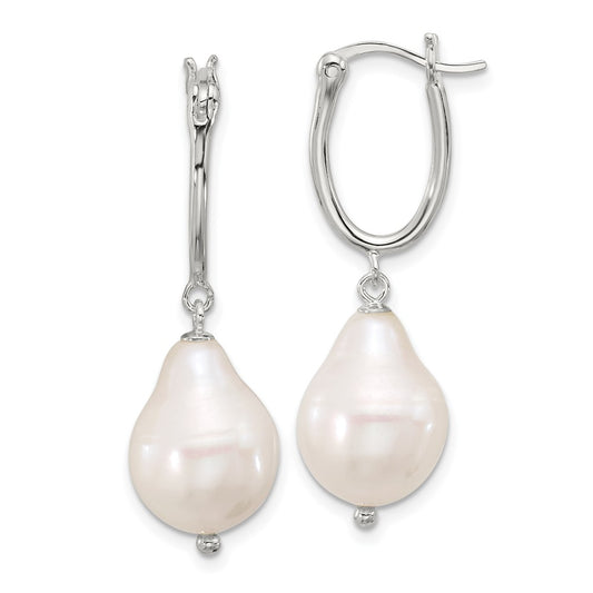 QE17240 Sterling Silver Polished Teardrop FWC Pearl Dangle Oval Hoop Earrings