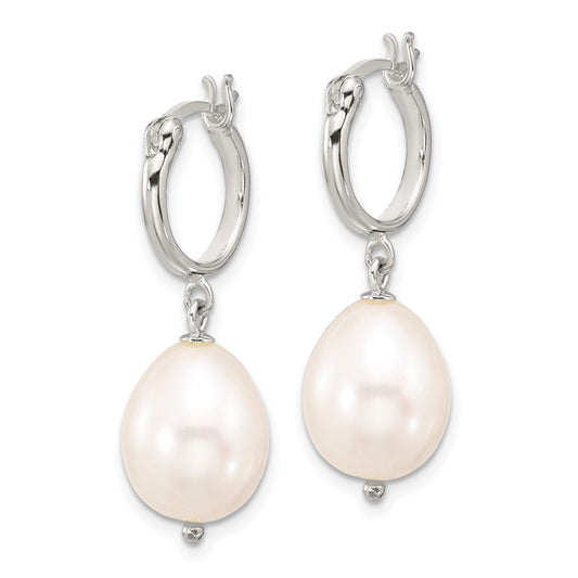 QE17242 Sterling Silver Polished Teardrop FWC Pearl Dangle Round Hoop Earrings