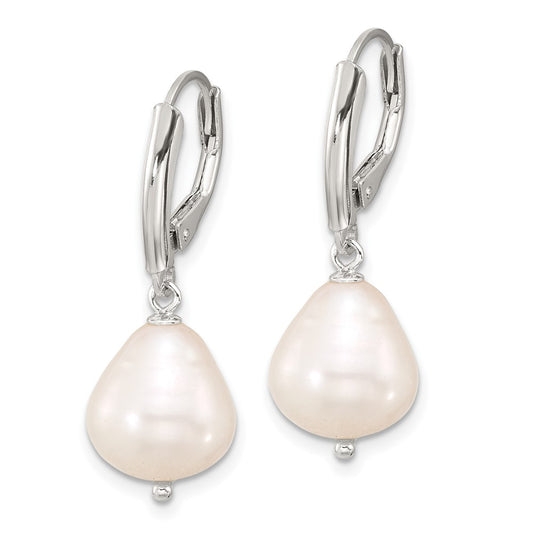 QE17243 Sterling Silver Polished Teardrop FWC Pearl Leverback Dangle Earrings
