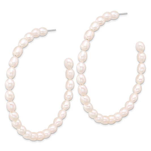 QE17245 Sterling Silver Rhodium-plated 5-6mm White Rice Freshwater Cultured Pearl Post C-Hoop Earrings
