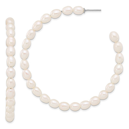 QE17245 Sterling Silver Rhodium-plated 5-6mm White Rice Freshwater Cultured Pearl Post C-Hoop Earrings