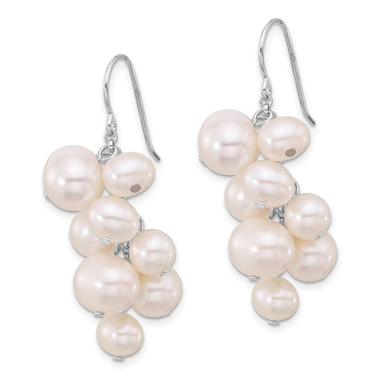 QE17250 Sterling Silver Rhodium-plated 6-10mm White Near-Round Freshwater Cultured Pearl Dangle Earrings