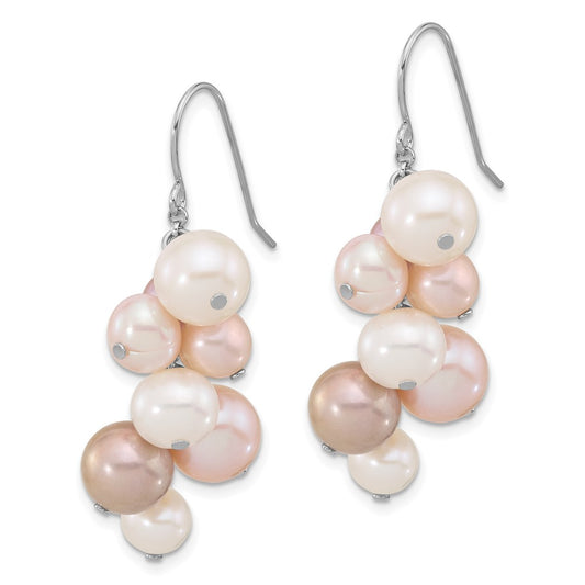 QE17251 Sterling Silver Rhodium-plated 6-10mm Multicolor Near-Round Freshwater Cultured Pearl Dangle Earrings