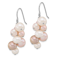 QE17251 Sterling Silver Rhodium-plated 6-10mm Multicolor Near-Round Freshwater Cultured Pearl Dangle Earrings