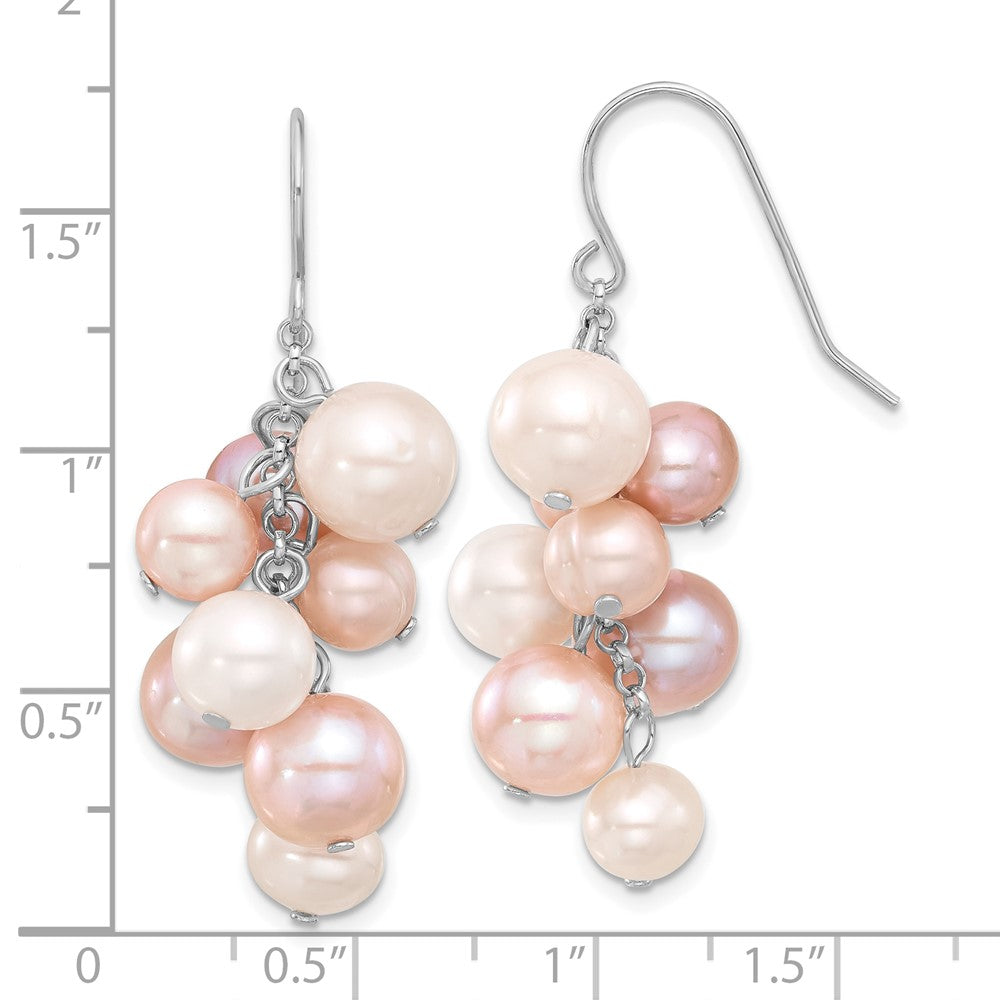 QE17251 Sterling Silver Rhodium-plated 6-10mm Multicolor Near-Round Freshwater Cultured Pearl Dangle Earrings